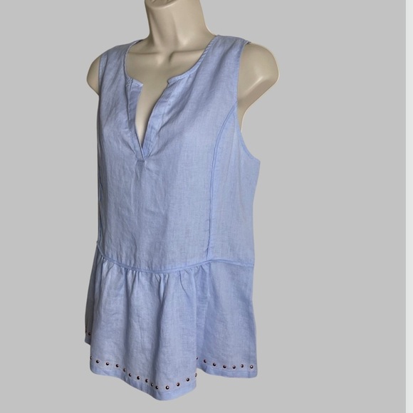 Ivanka Trump Top 100% Linen V-neck Size L Rose Gold Studded Hem Sleeveless Blue - Picture 3 of 12